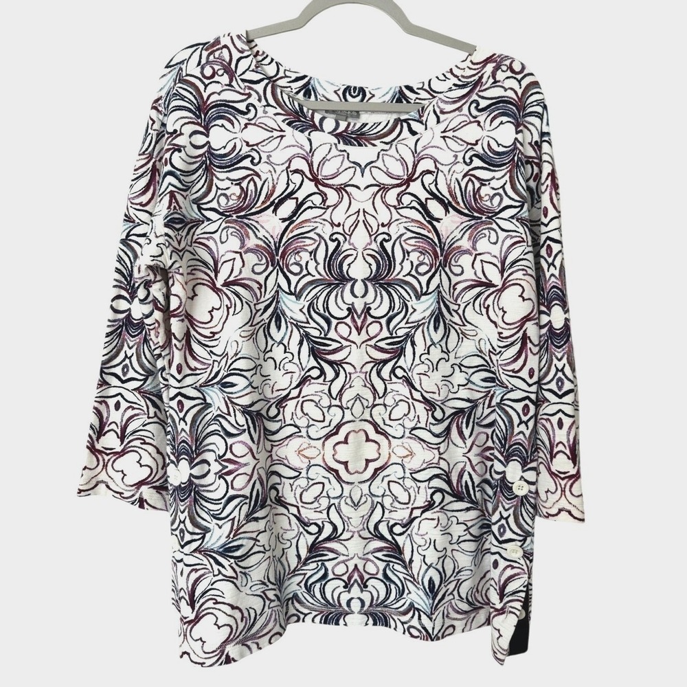 T by Talbots White Purple Burgundy Scroll Print French Terry Top Button Side Med